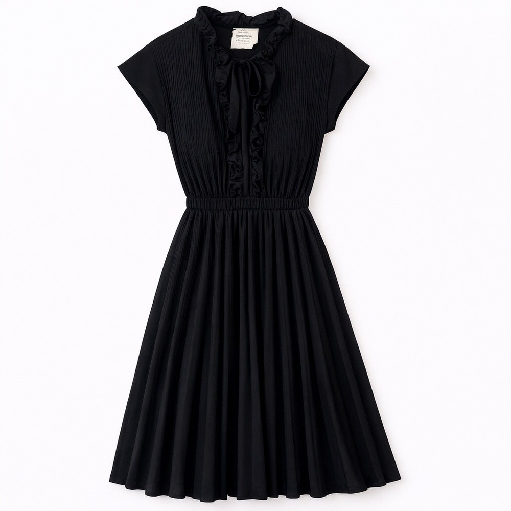 True Vintage 70s Queen's‎ Row Black Pleated Ruffle Midi Dress Size 18 Whimsigoth